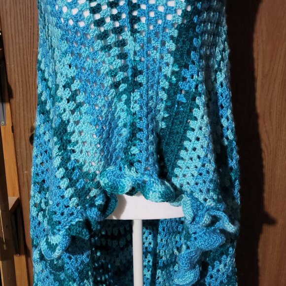 Hand Crocheted Blue Shawl Wrap - Picture 2 of 14